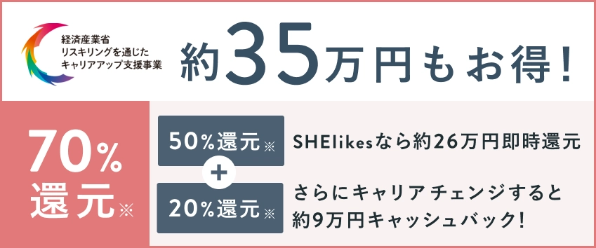 国の補助金活用で今だけ受講料最大70%還元！約35万円もお得！SHELikesなら約26万円(50%)即時還元 + さらにキャリアチェンジすると約9万円(20%)キャシュバック！