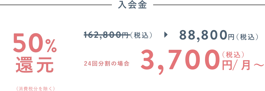 入会金 50%還元！ 162,800円(税込)が88,800円(税込) 24回分割の場合 3,700円(税込)/月〜