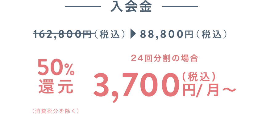 入会金 50%還元！ 162,800円(税込)が88,800円(税込) 24回分割の場合 3,700円(税込)/月〜