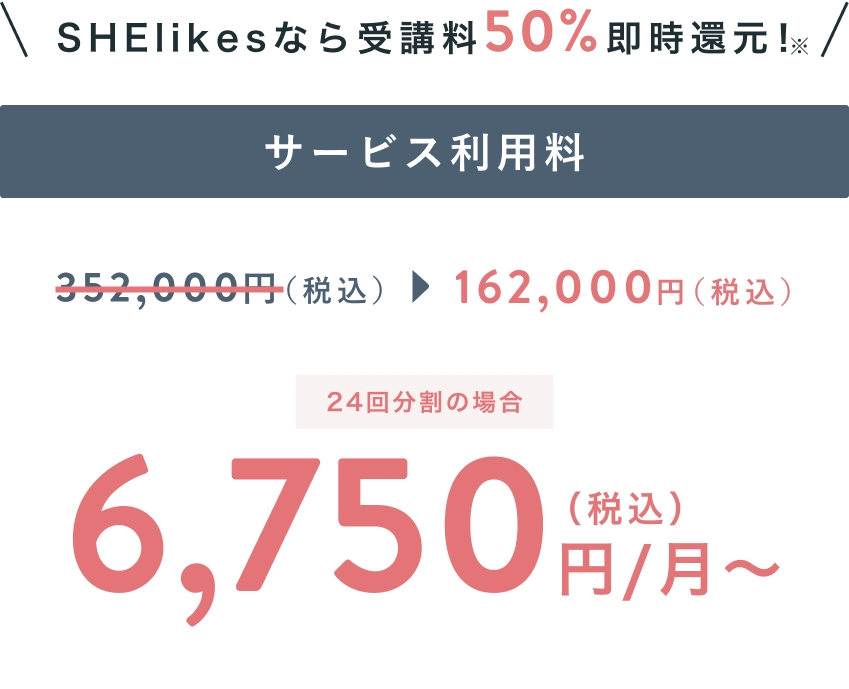 SHElikesなら受講料50%即時還元！ サービス利用料が352,000円(税抜)から162,000円(税抜)に、24回分割の場合 6,750円(税込)/月〜