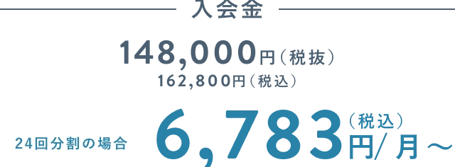 入会金 148,000円(税抜)(税込 162,800円) 24回分割の場合 6,783円(税込)/月〜